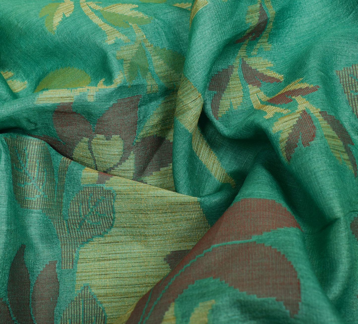 Sushila Vintage Aqua Green Scrap Saree Pure Tussar Silk Woven Floral Sari Fabric