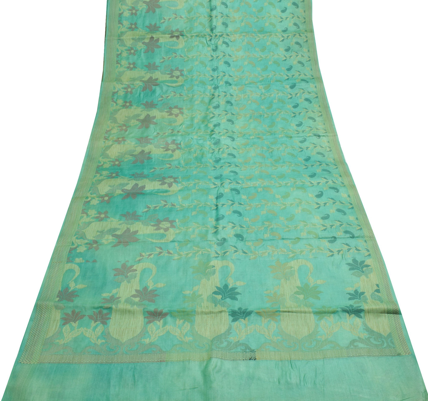 Sushila Vintage Aqua Green Scrap Saree Pure Tussar Silk Woven Floral Sari Fabric