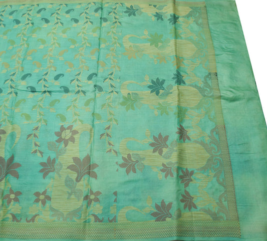 Sushila Vintage Aqua Green Scrap Saree Pure Tussar Silk Woven Floral Sari Fabric