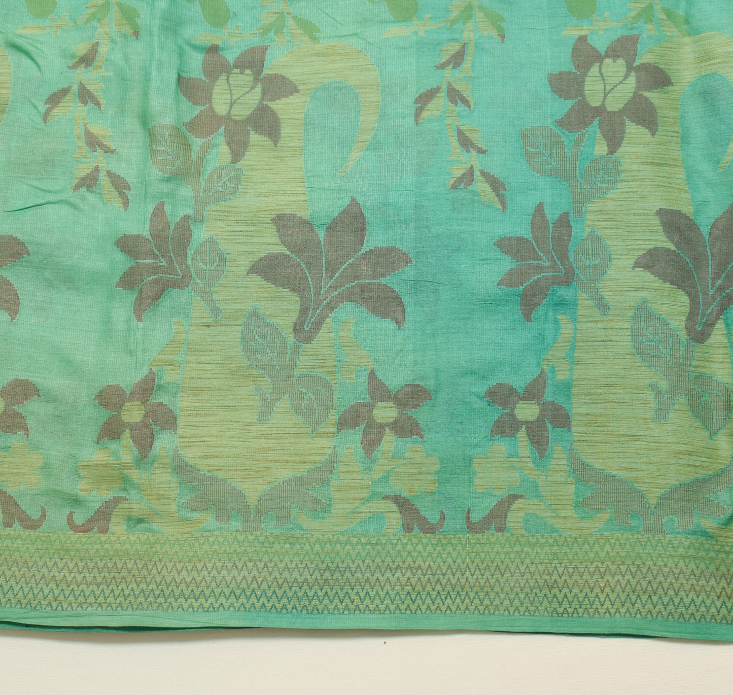 Sushila Vintage Aqua Green Scrap Saree Pure Tussar Silk Woven Floral Sari Fabric