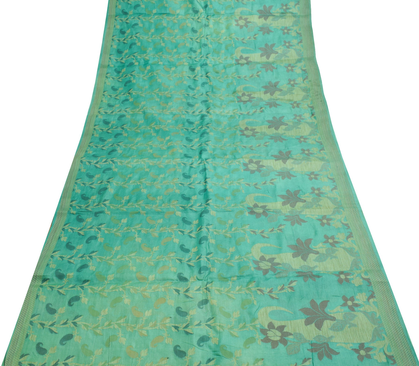 Sushila Vintage Aqua Green Scrap Saree Pure Tussar Silk Woven Floral Sari Fabric