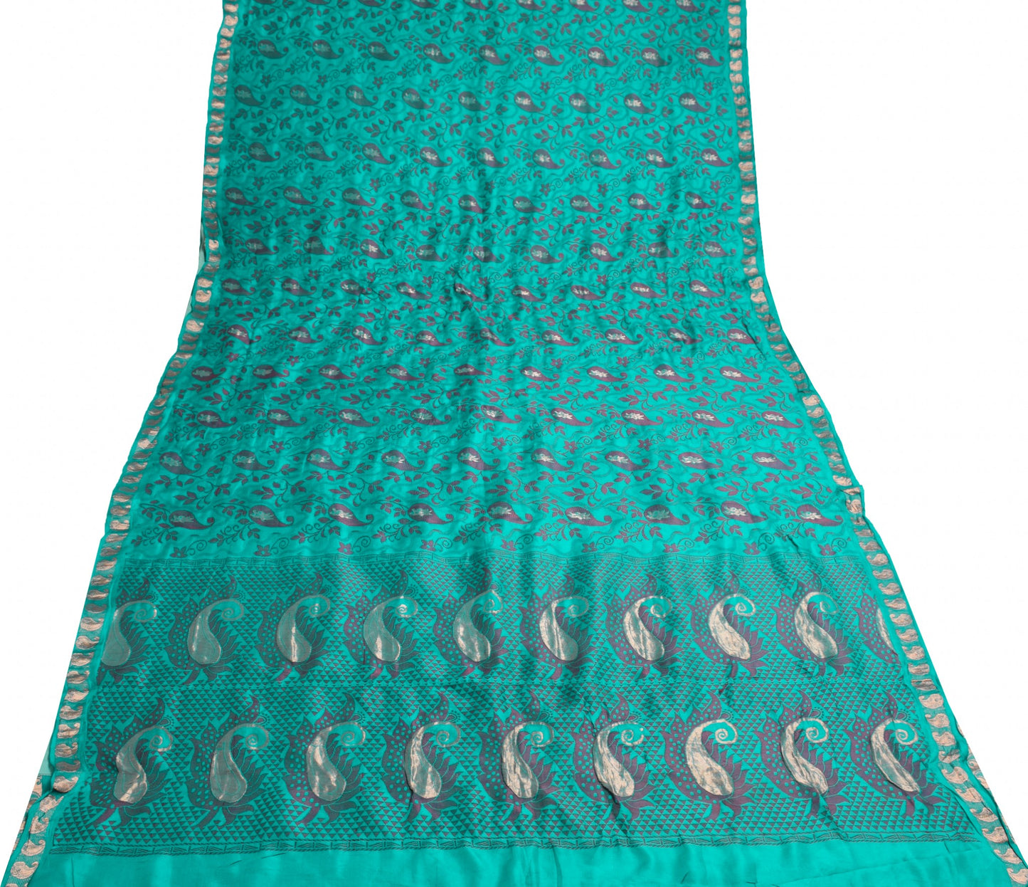 Sushila Vintage Aqua Green Scrap Saree Pure Silk Woven Soft Sari Remnant Fabric