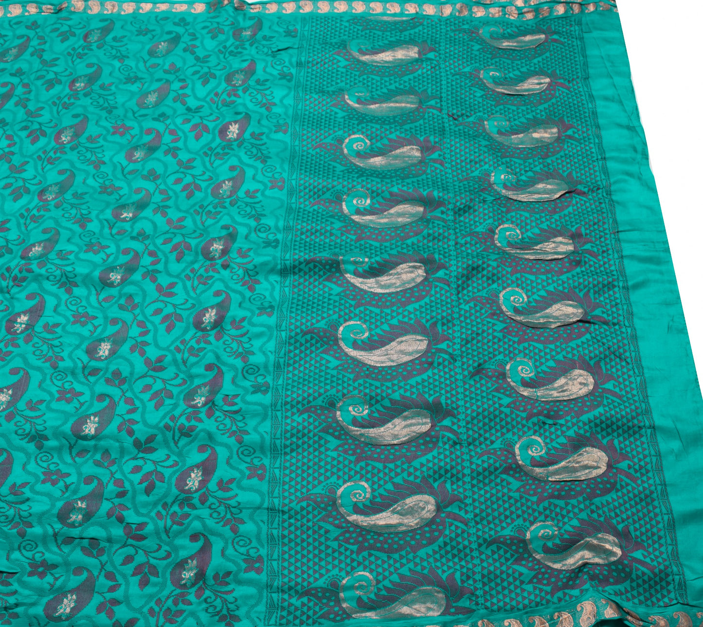 Sushila Vintage Aqua Green Scrap Saree Pure Silk Woven Soft Sari Remnant Fabric