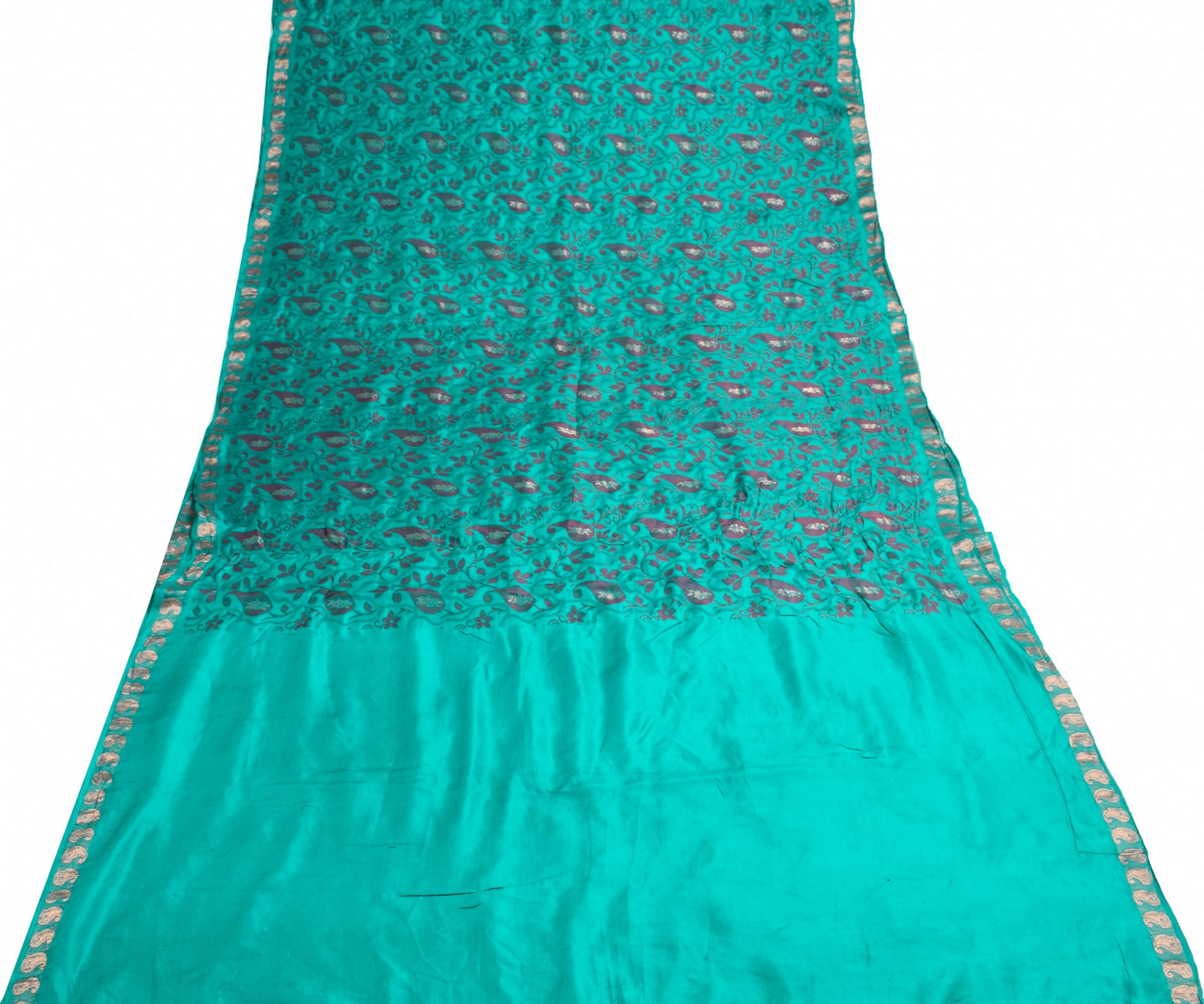 Sushila Vintage Aqua Green Scrap Saree Pure Silk Woven Soft Sari Remnant Fabric