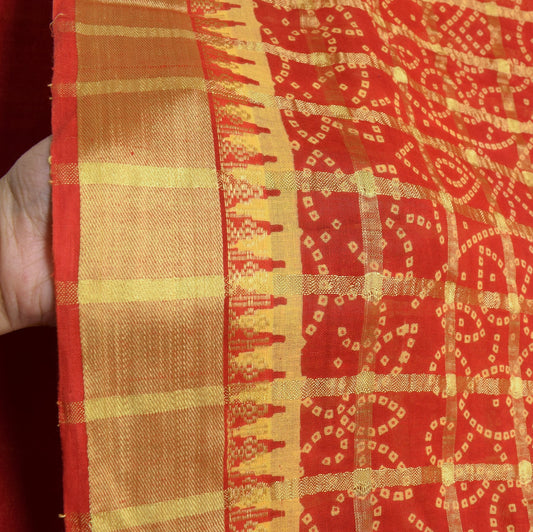 Sushila Vintage Red Scrap Saree Bandhani Printed & Woven Pure Cotton Sari Fabric