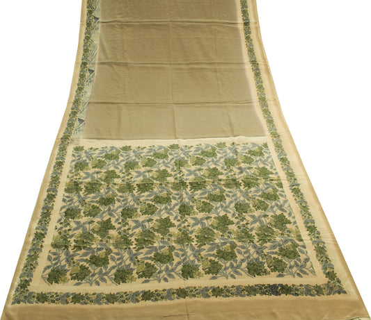 Sushila Vintage Green Scrap Saree Pure Crepe Silk Printed Floral Sari Fabric