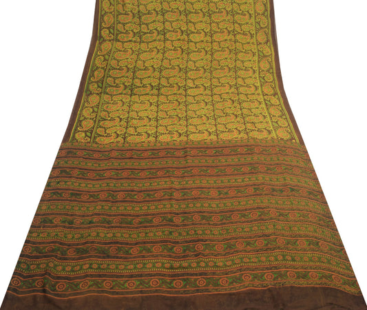 Sushila Vintage Brown Scrap Saree 100% Pure Georgette Silk Printed Sari Fabric