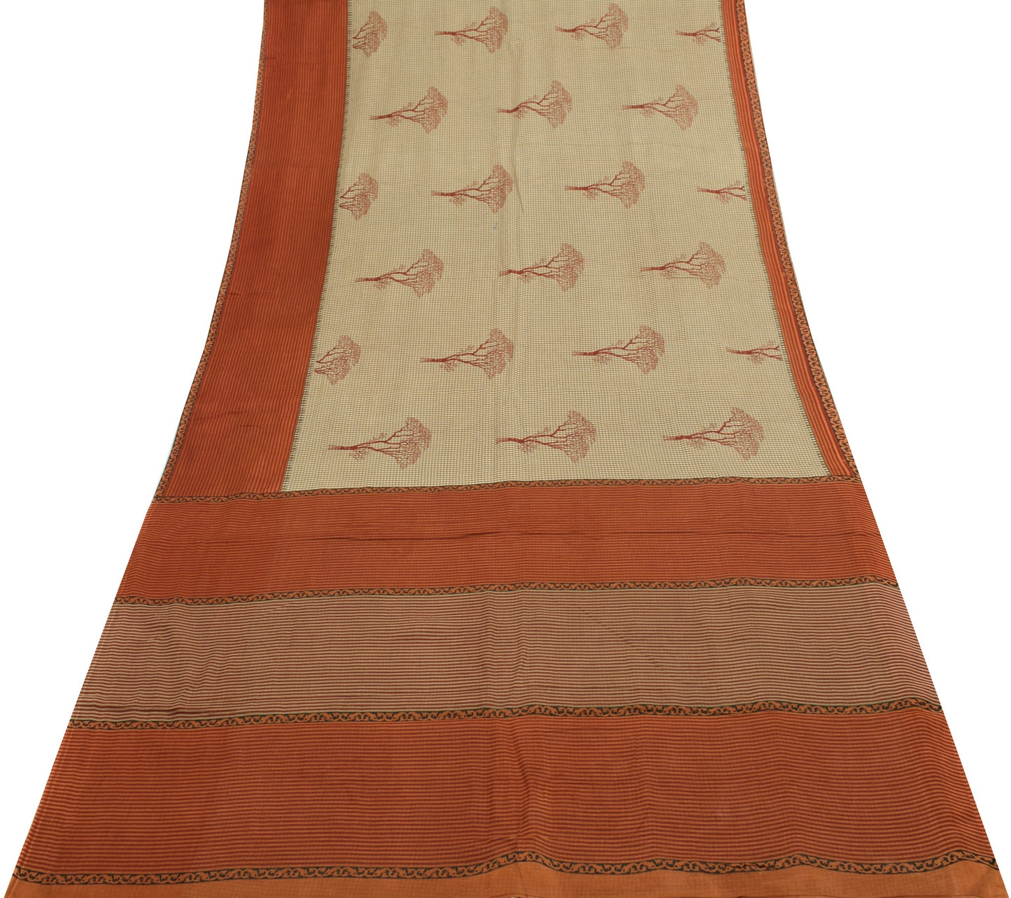 Sushila Vintage Brown Scrap Saree 100% Pure Cotton Checks Printed Sari Fabric