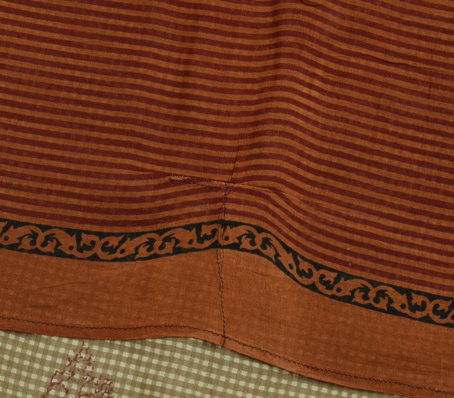 Sushila Vintage Brown Scrap Saree 100% Pure Cotton Checks Printed Sari Fabric