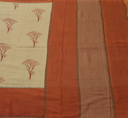 Sushila Vintage Brown Scrap Saree 100% Pure Cotton Checks Printed Sari Fabric