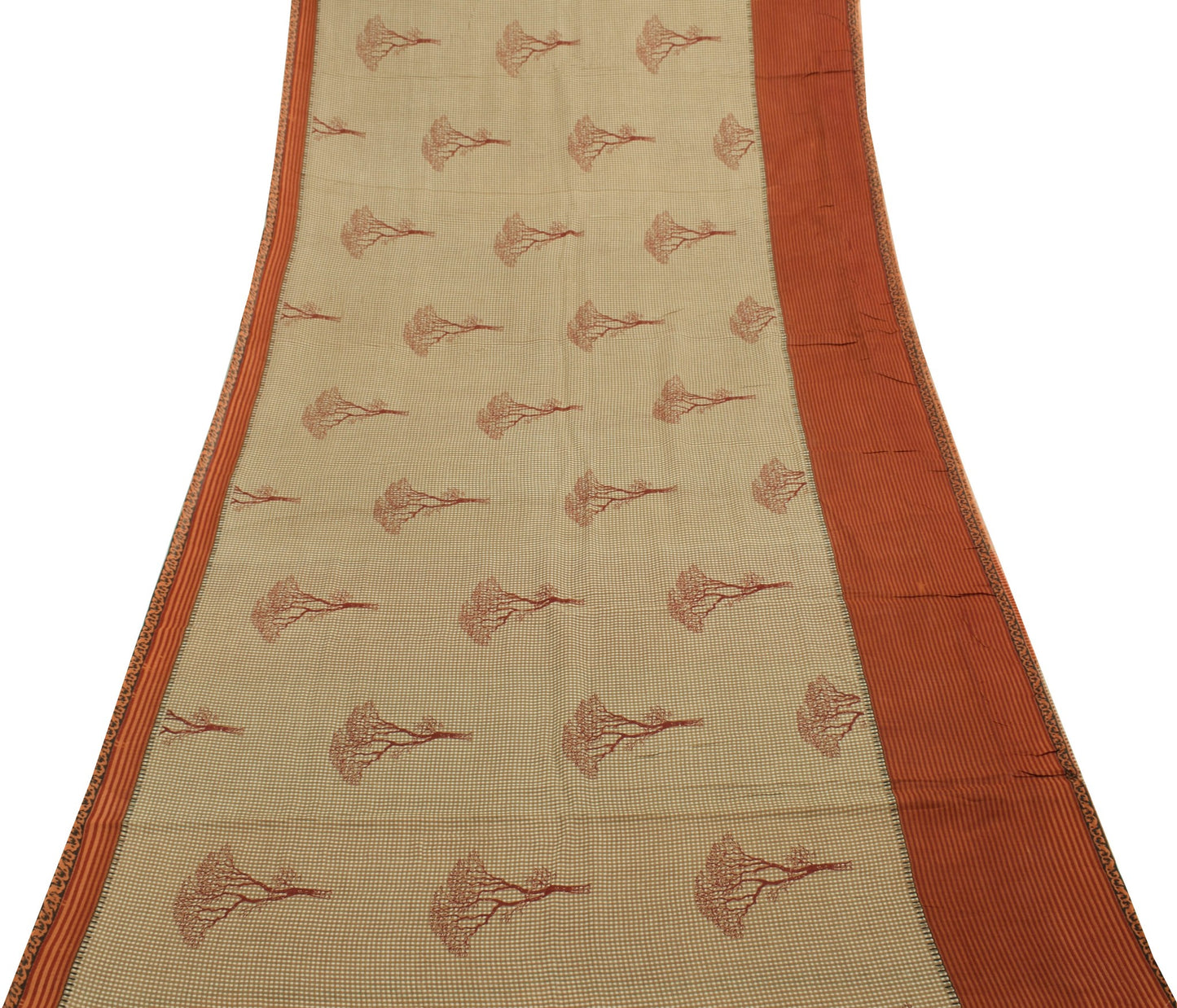 Sushila Vintage Brown Scrap Saree 100% Pure Cotton Checks Printed Sari Fabric