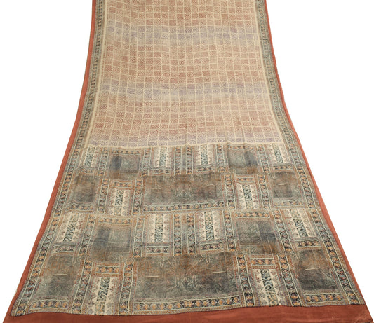 Sushila Vintage Light Brown Scrap Saree Pure Silk Printed Sari Remnant Fabric