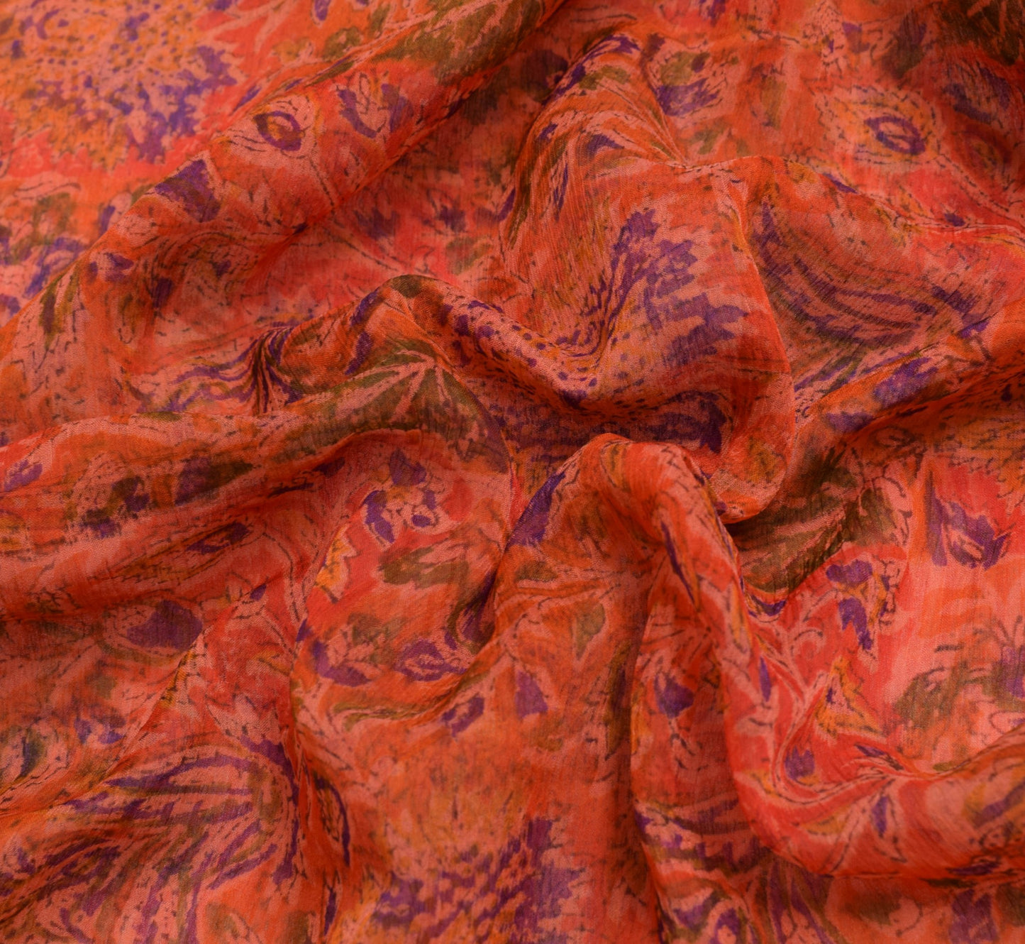 Sushila Vintage Orange Scrap Saree Chiffon Silk Hand Block Printed Sari Fabric