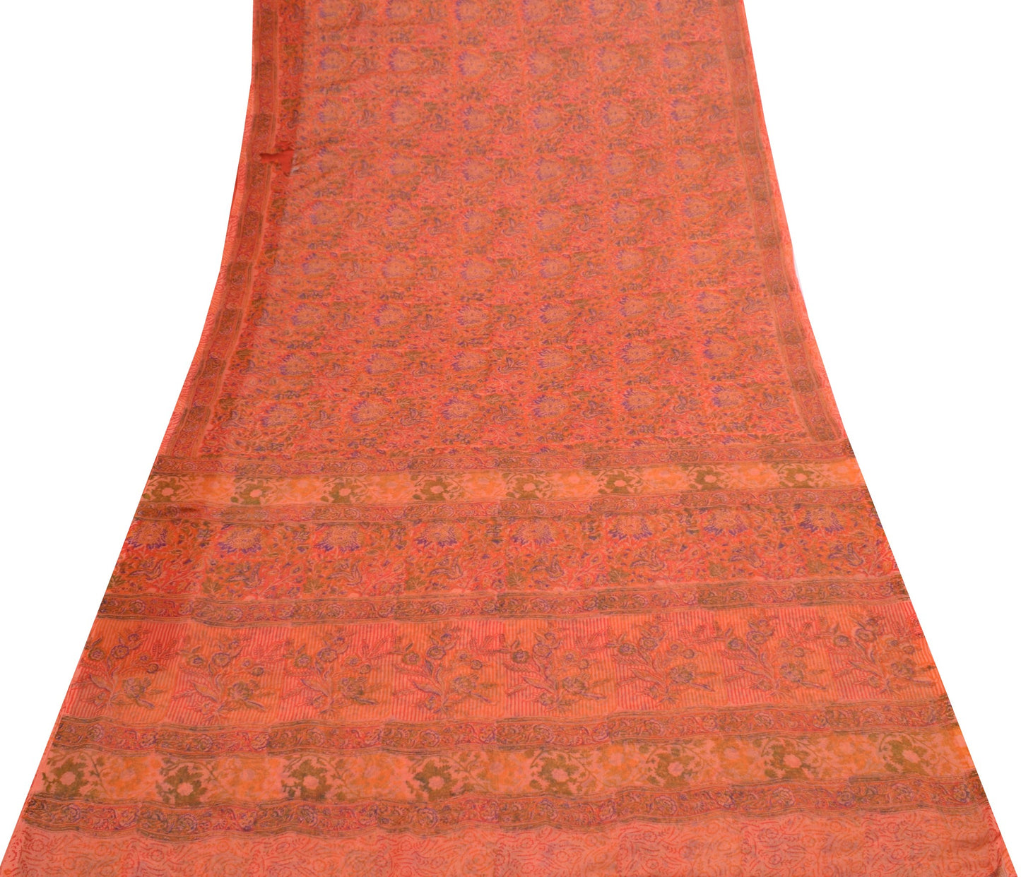 Sushila Vintage Orange Scrap Saree Chiffon Silk Hand Block Printed Sari Fabric