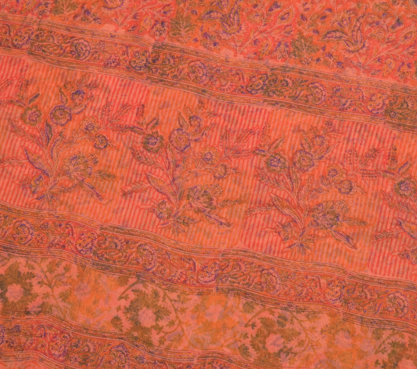 Sushila Vintage Orange Scrap Saree Chiffon Silk Hand Block Printed Sari Fabric