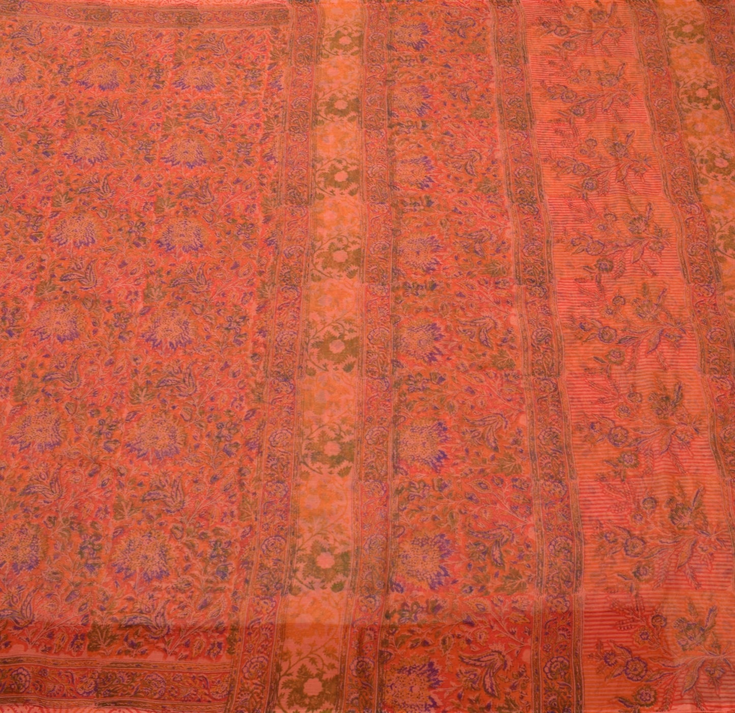 Sushila Vintage Orange Scrap Saree Chiffon Silk Hand Block Printed Sari Fabric