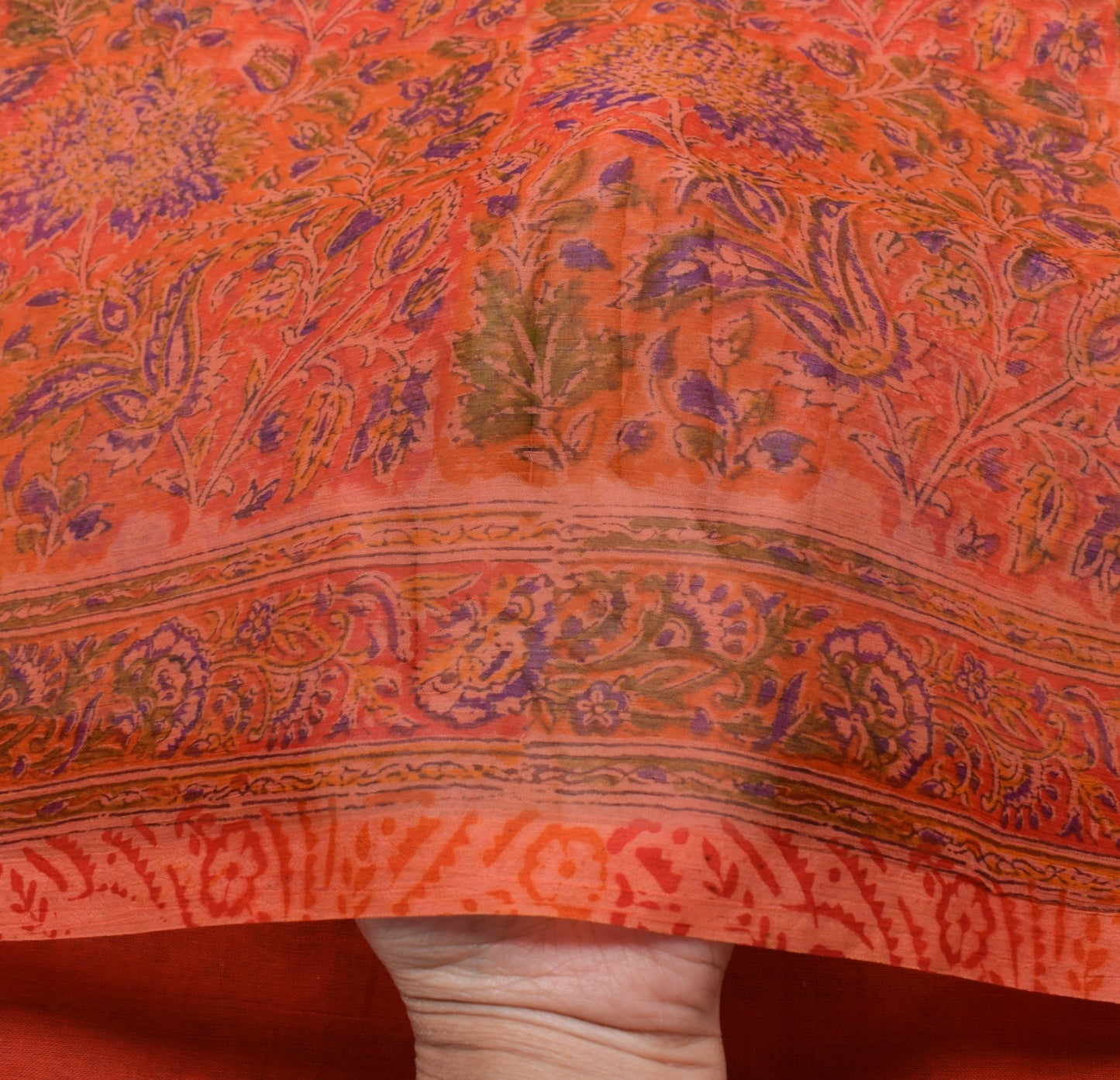 Sushila Vintage Orange Scrap Saree Chiffon Silk Hand Block Printed Sari Fabric