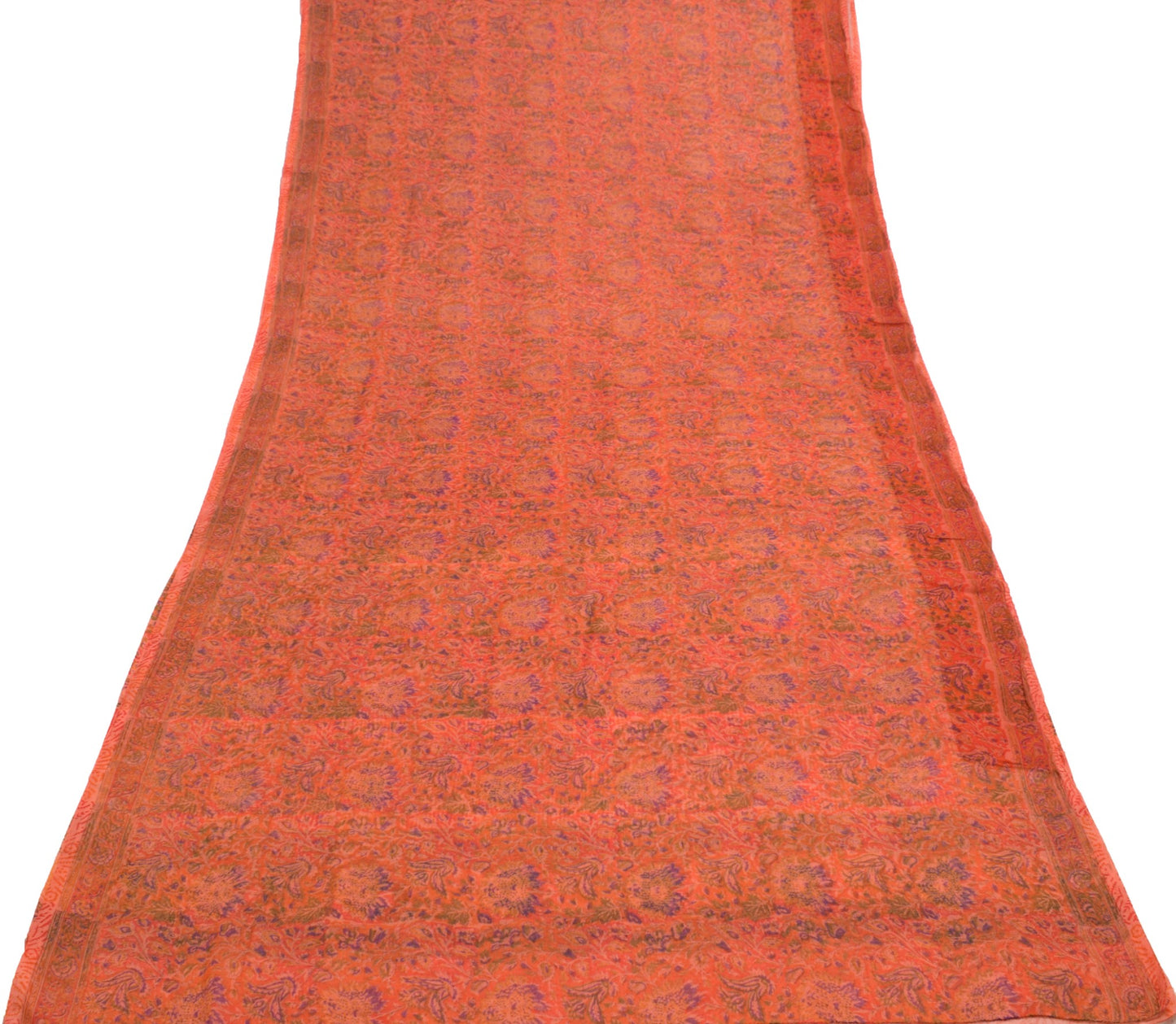 Sushila Vintage Orange Scrap Saree Chiffon Silk Hand Block Printed Sari Fabric