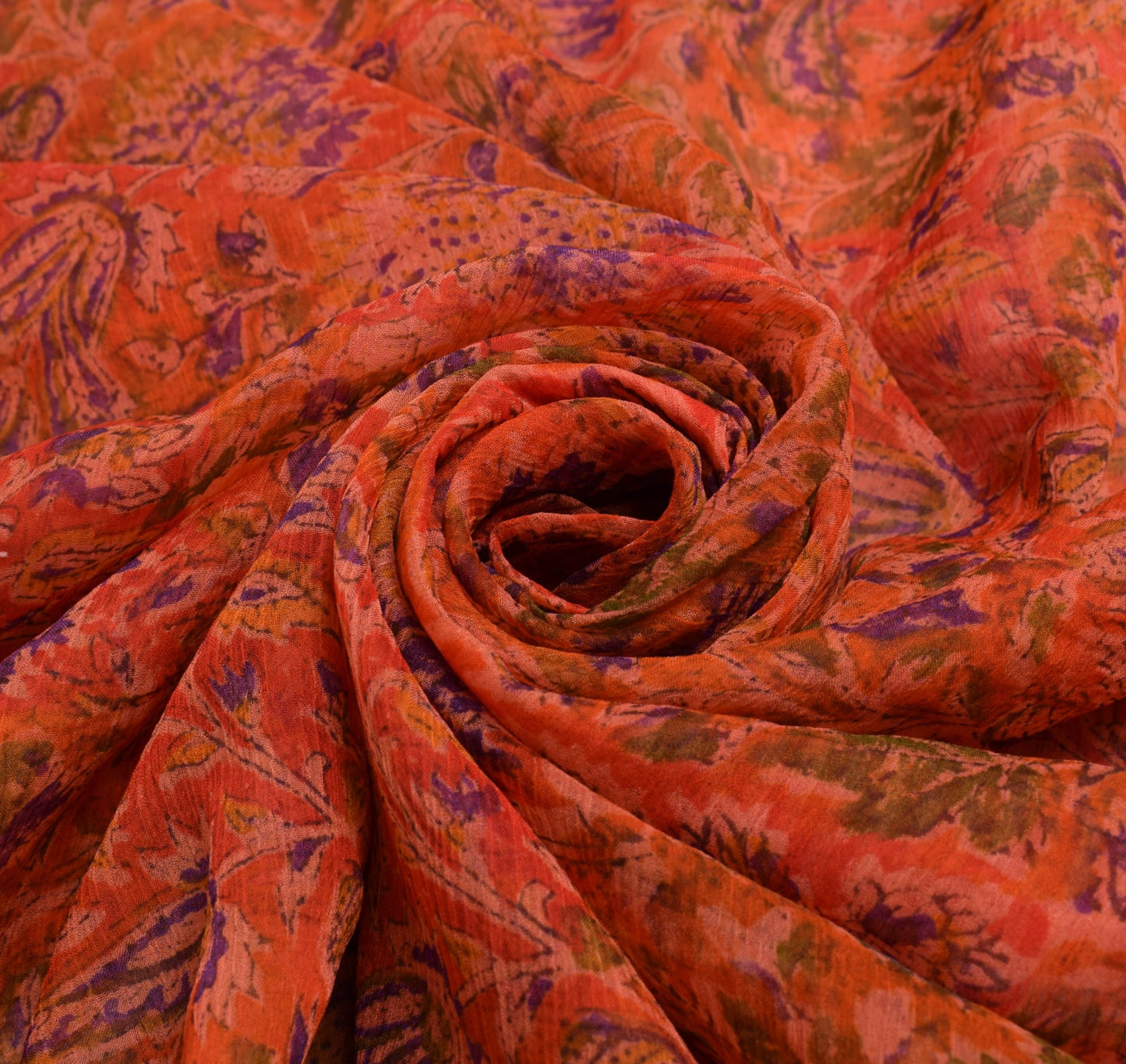 Sushila Vintage Orange Scrap Saree Chiffon Silk Hand Block Printed Sari Fabric