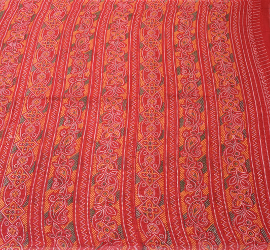 Sushila Vintage Red Cotton Scrap Saree Bandhani Print Wedding Sari Craft Fabric