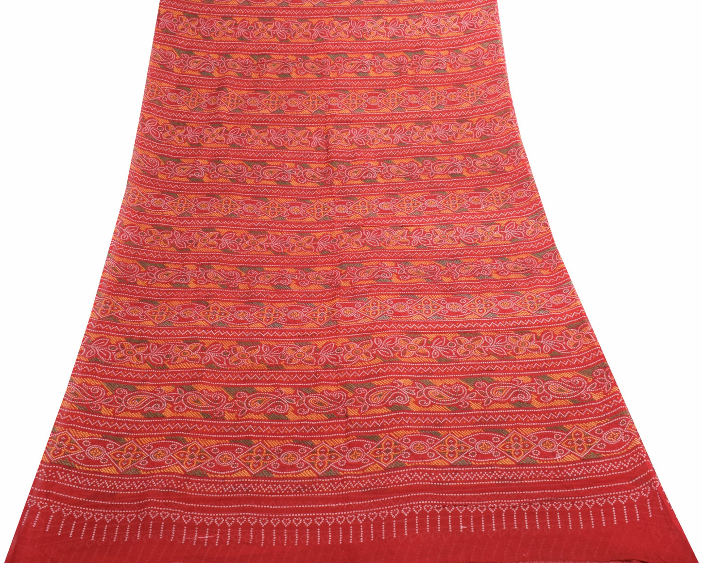 Sushila Vintage Red Cotton Scrap Saree Bandhani Print Wedding Sari Craft Fabric