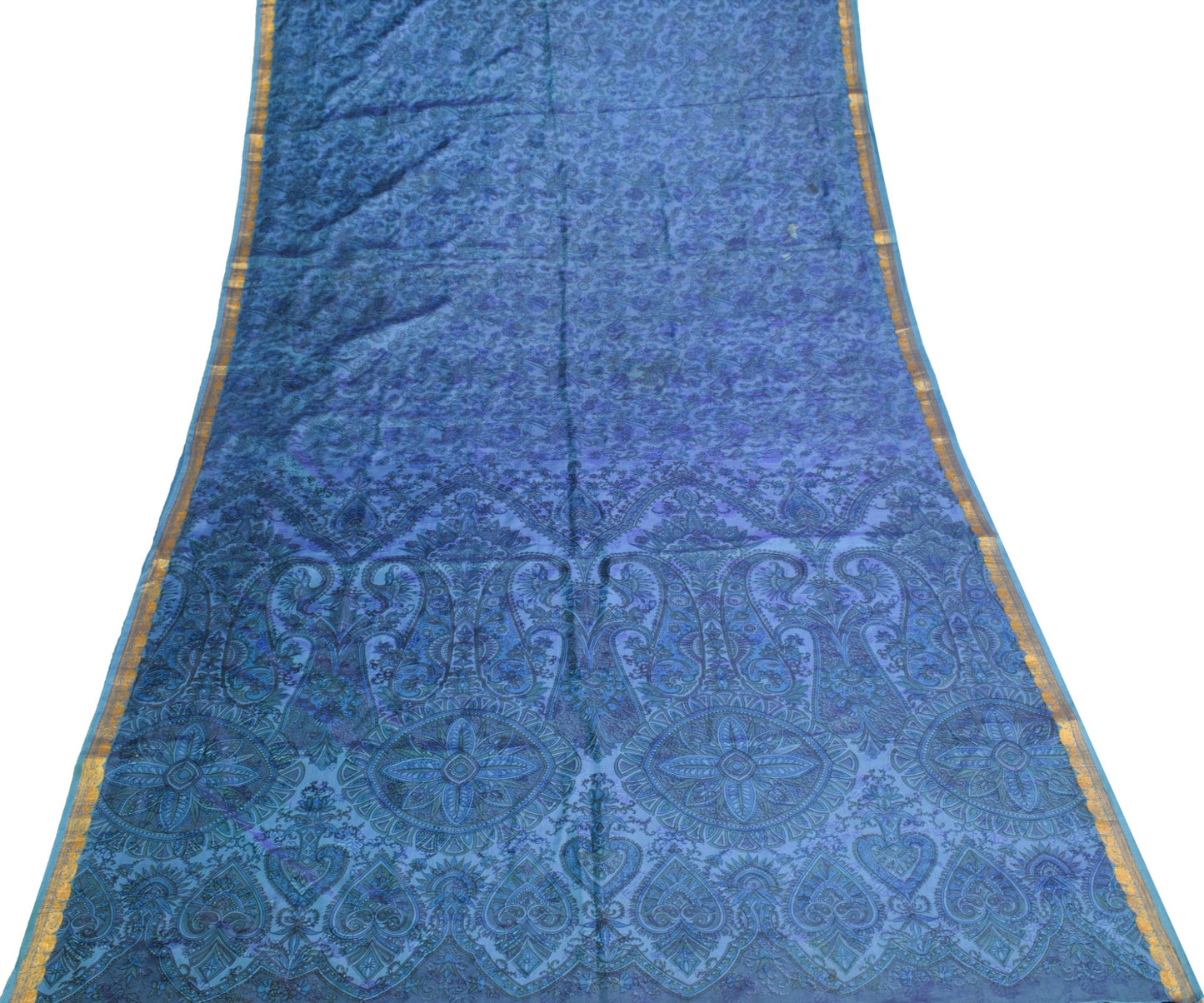 Sushila Vintage Blue Scrap Saree Floral 100% Pure Silk Printed Sari Craft Fabric