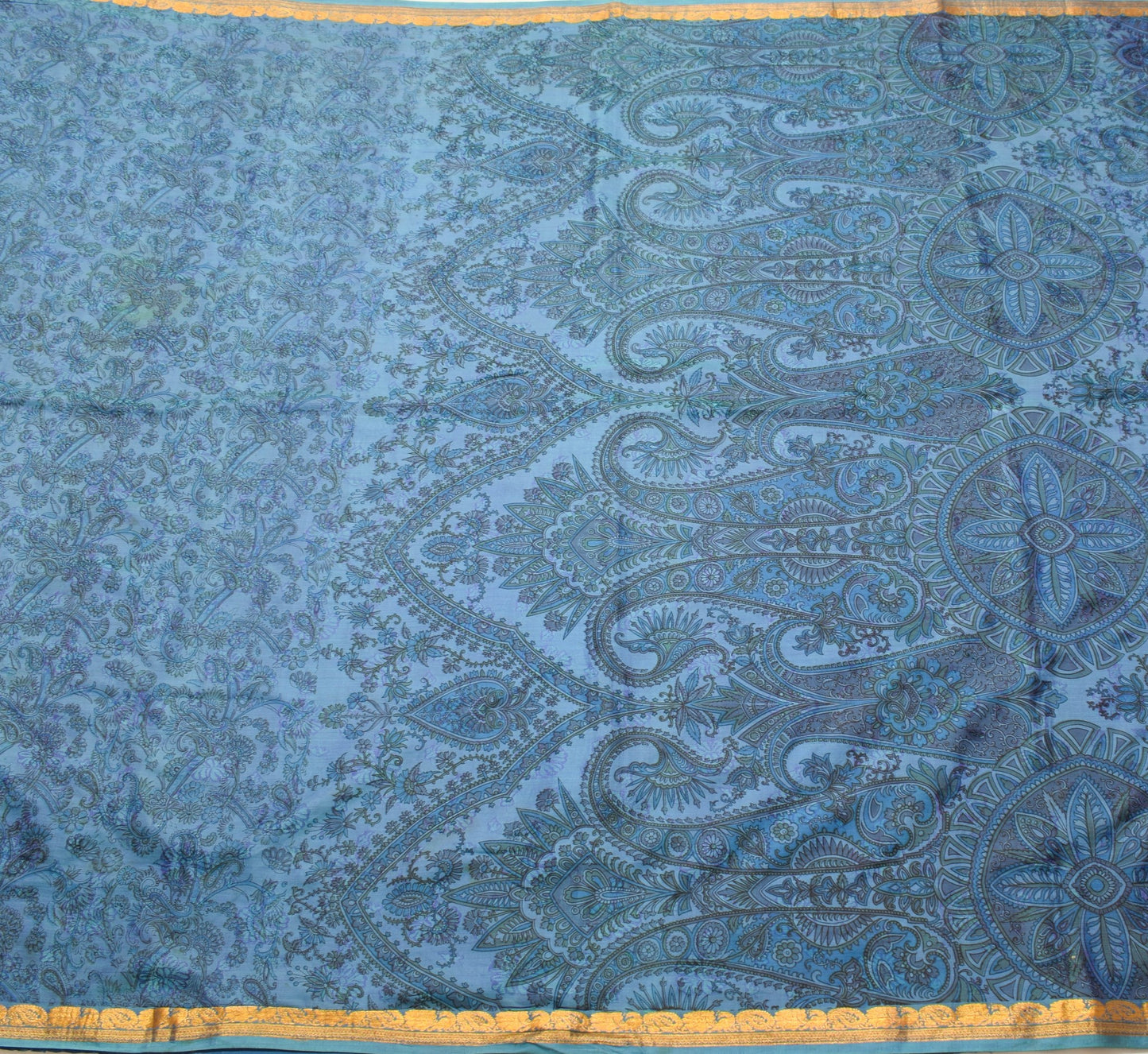 Sushila Vintage Blue Scrap Saree Floral 100% Pure Silk Printed Sari Craft Fabric