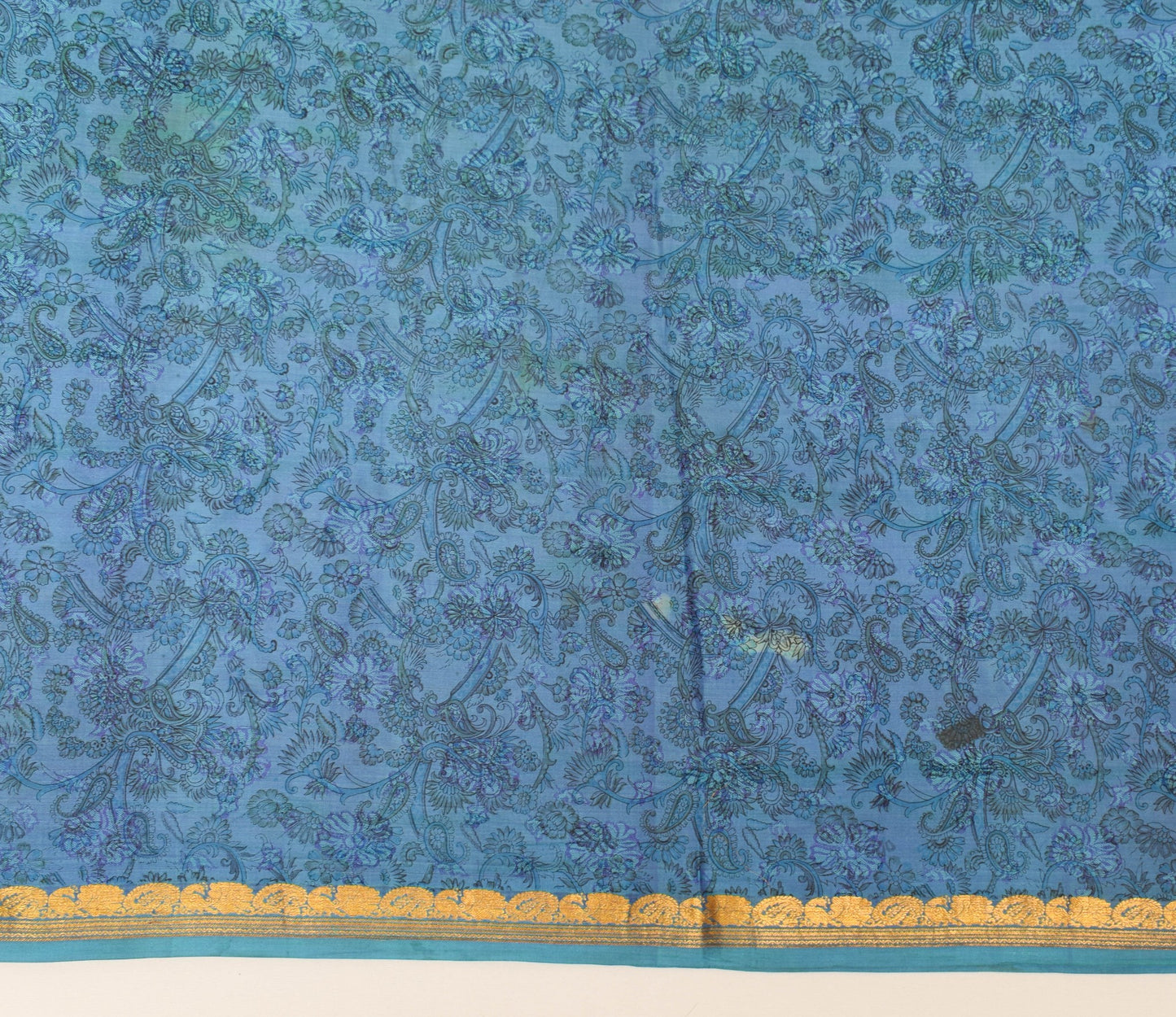 Sushila Vintage Blue Scrap Saree Floral 100% Pure Silk Printed Sari Craft Fabric