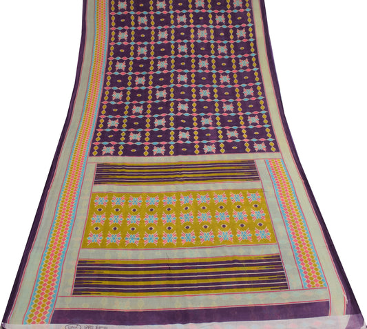 Sushila Vintage Purple Scrap Saree 100% Pure Cotton Printed Ikat Sari Fabric