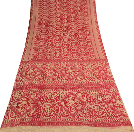 Sushila Vintage Red Scrap Saree 100% Pure Cotton Printed Floral Soft Sari Fabric