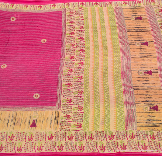 Sushila Vintage Hot Pink Scrap Saree 100%Pure Cotton Printed Soft Sari Fabric