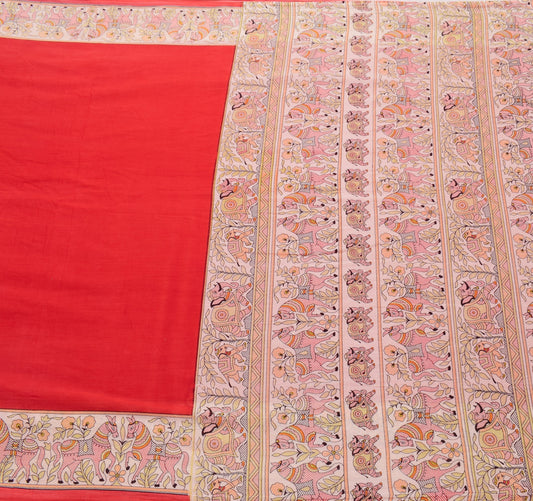 Sushila Vintage Red Scrap Saree 100% Pure Cotton Printed Madhubani Sari Fabric