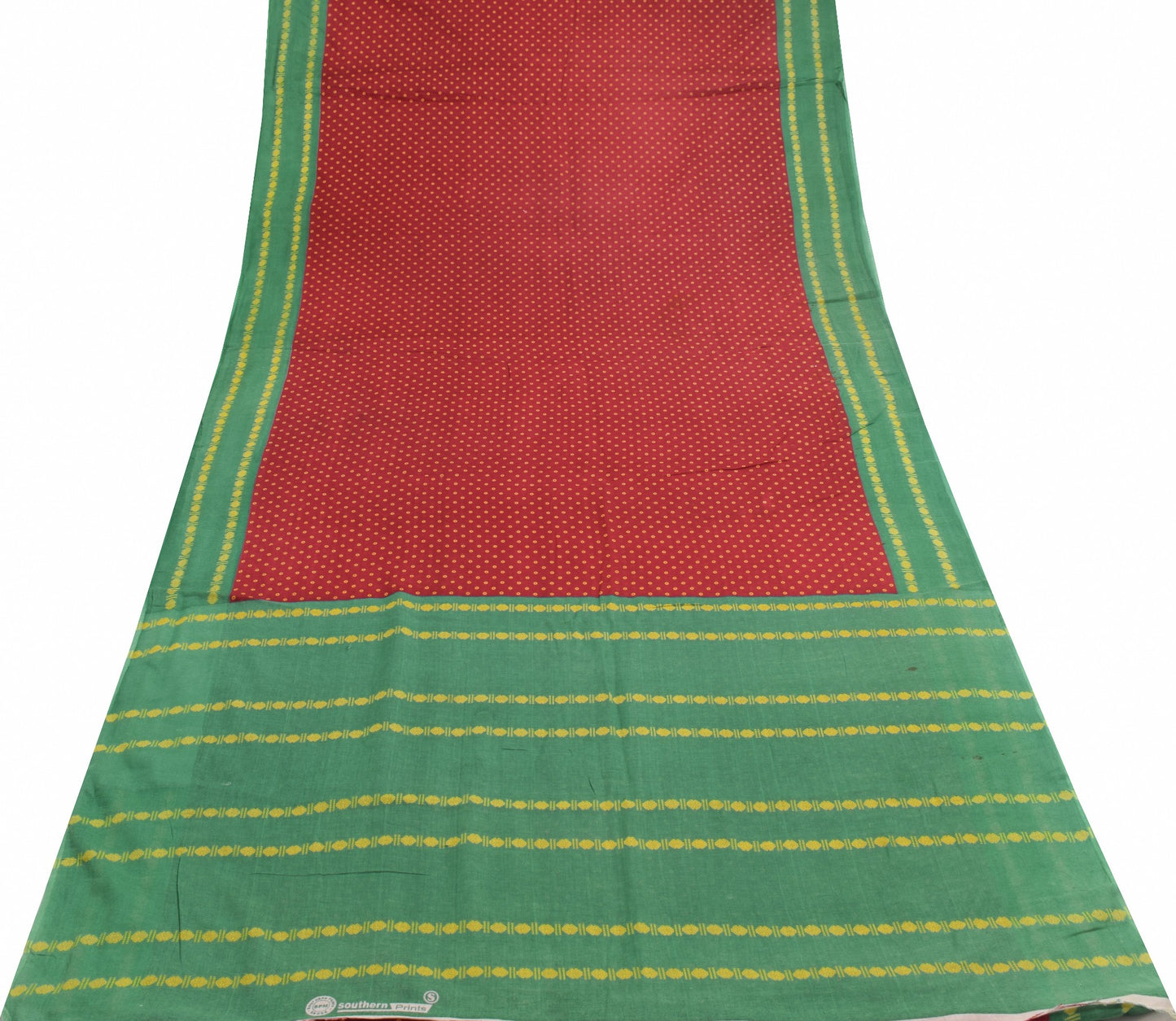 Sushila Vintage Red Green Scrap Saree Pure Cotton Printed BRANDED Sari Fabric