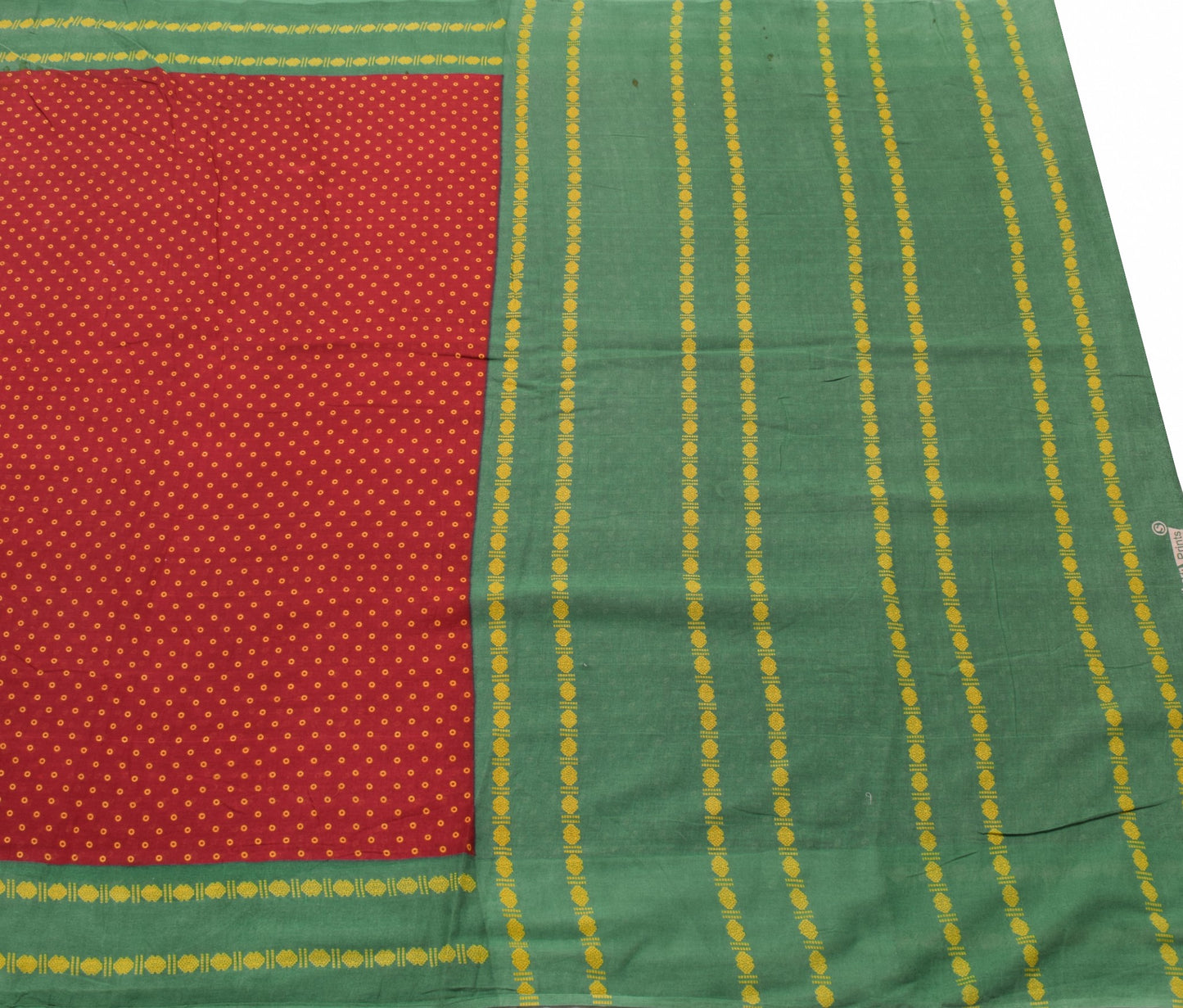 Sushila Vintage Red Green Scrap Saree Pure Cotton Printed BRANDED Sari Fabric