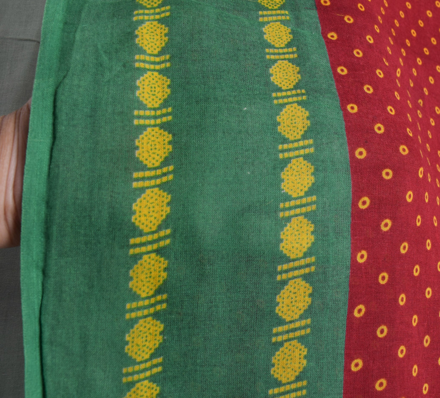 Sushila Vintage Red Green Scrap Saree Pure Cotton Printed BRANDED Sari Fabric