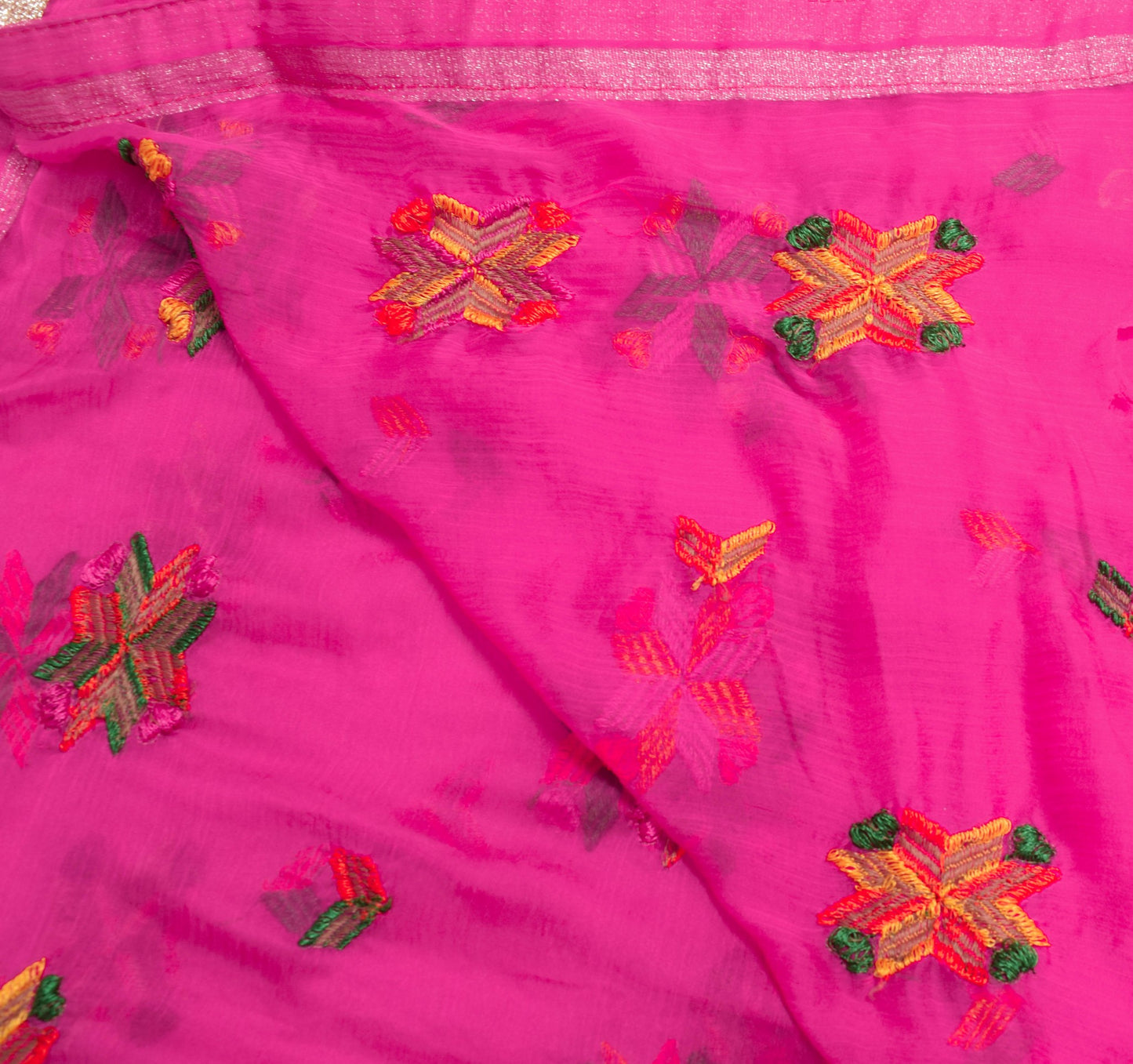 Sushila Vintage Hot Pink Scrap Dupatta Phulkari Embroidered Chiffon Long Stole