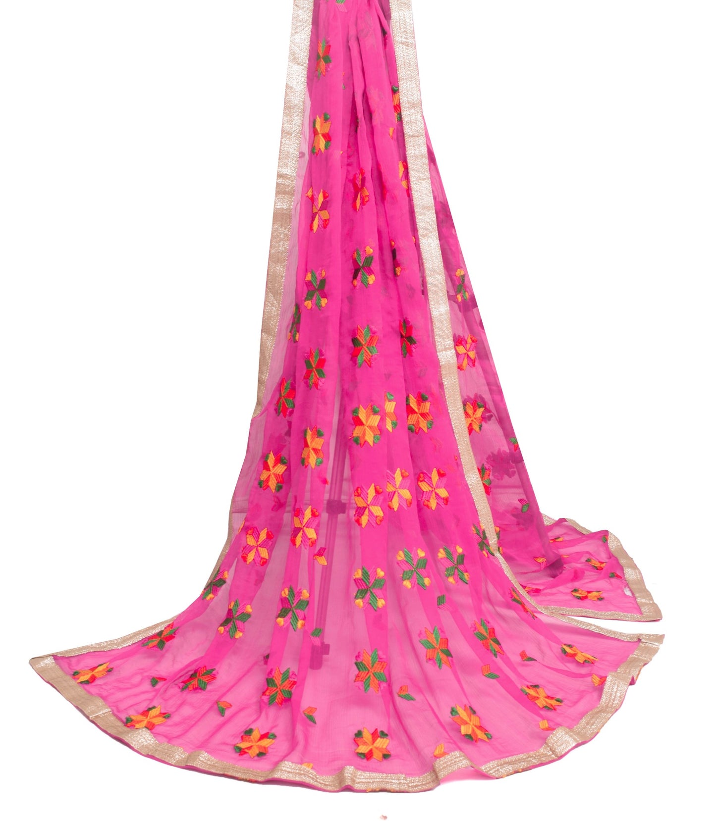 Sushila Vintage Hot Pink Scrap Dupatta Phulkari Embroidered Chiffon Long Stole