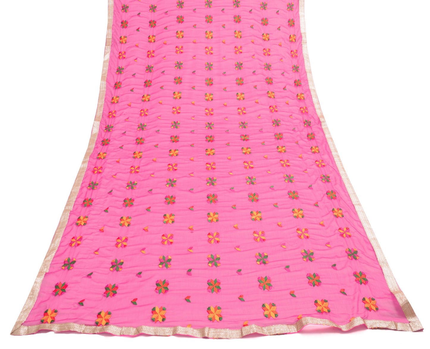 Sushila Vintage Hot Pink Scrap Dupatta Phulkari Embroidered Chiffon Long Stole