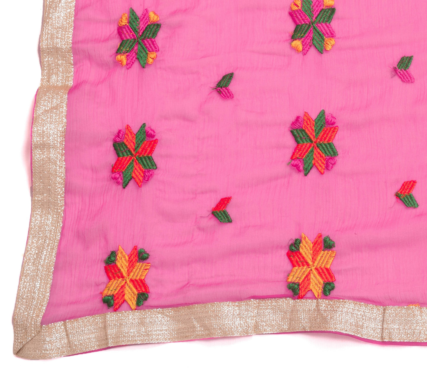 Sushila Vintage Hot Pink Scrap Dupatta Phulkari Embroidered Chiffon Long Stole