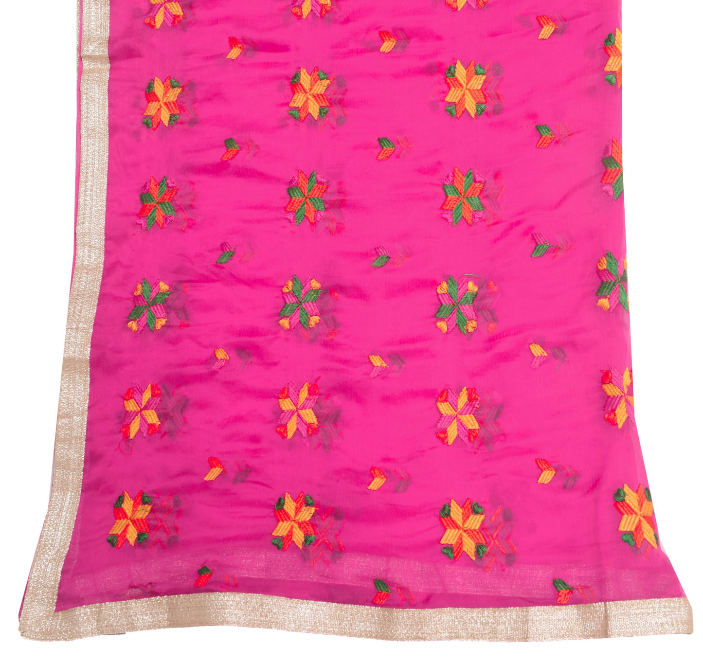 Sushila Vintage Hot Pink Scrap Dupatta Phulkari Embroidered Chiffon Long Stole