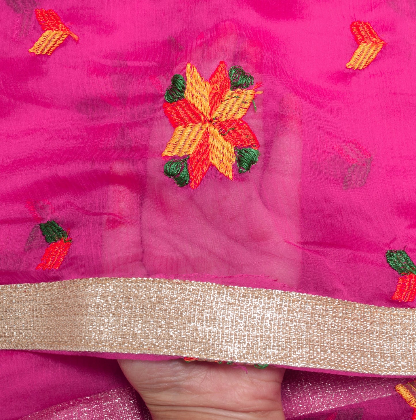 Sushila Vintage Hot Pink Scrap Dupatta Phulkari Embroidered Chiffon Long Stole