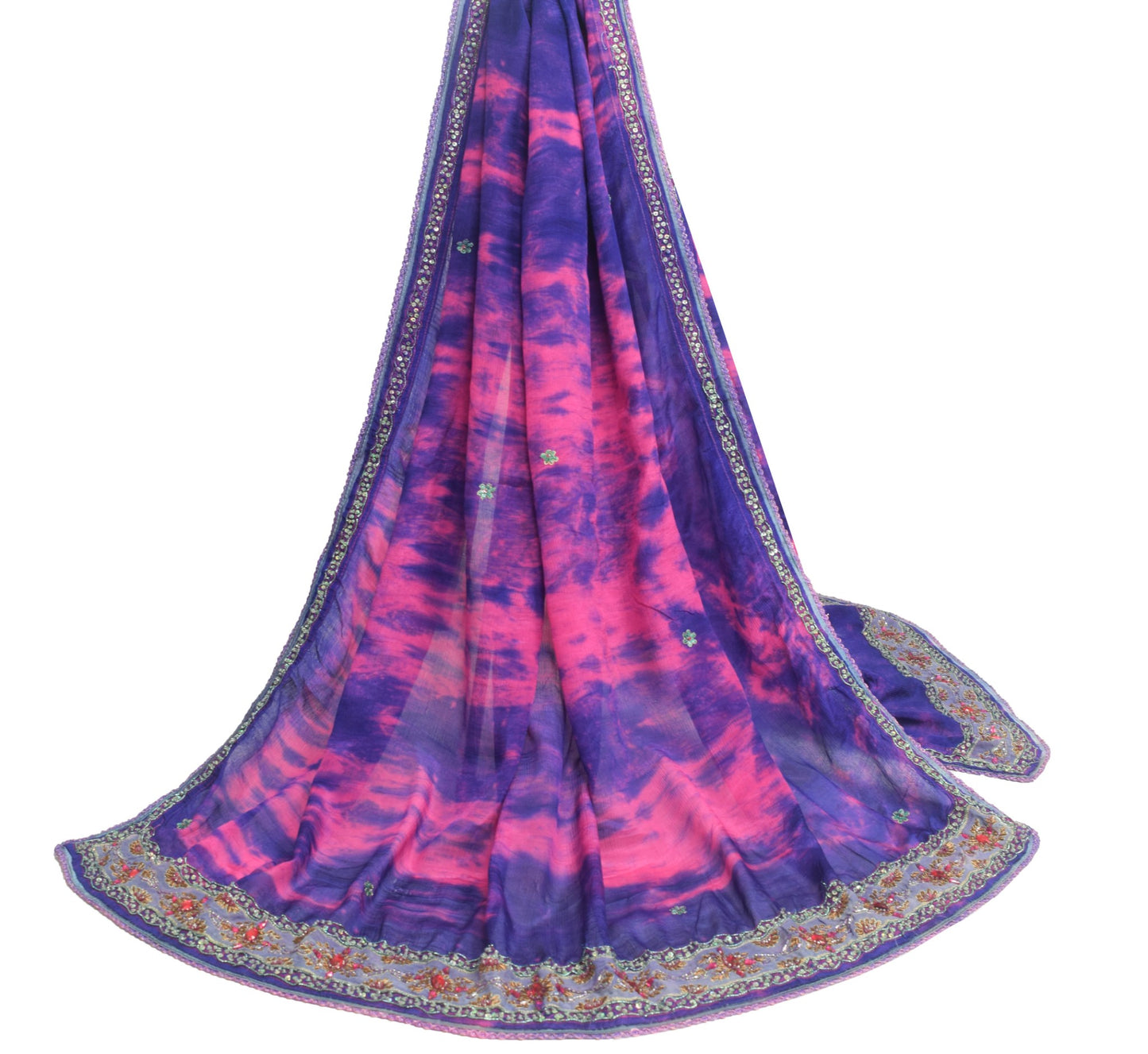 Sushila Vintage Pink Tie-Dye Scrap Dupatta Chiffon Silk Hand Beaded Long Stole