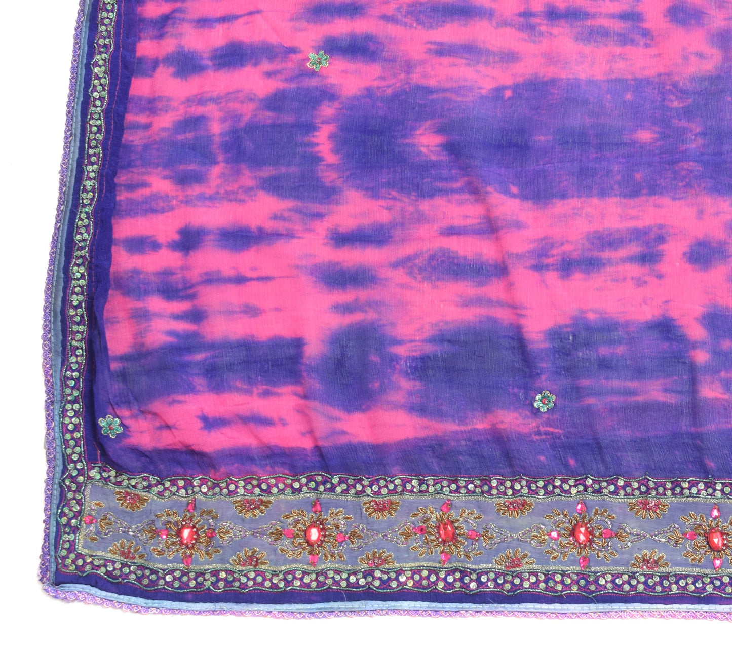 Sushila Vintage Pink Tie-Dye Scrap Dupatta Chiffon Silk Hand Beaded Long Stole