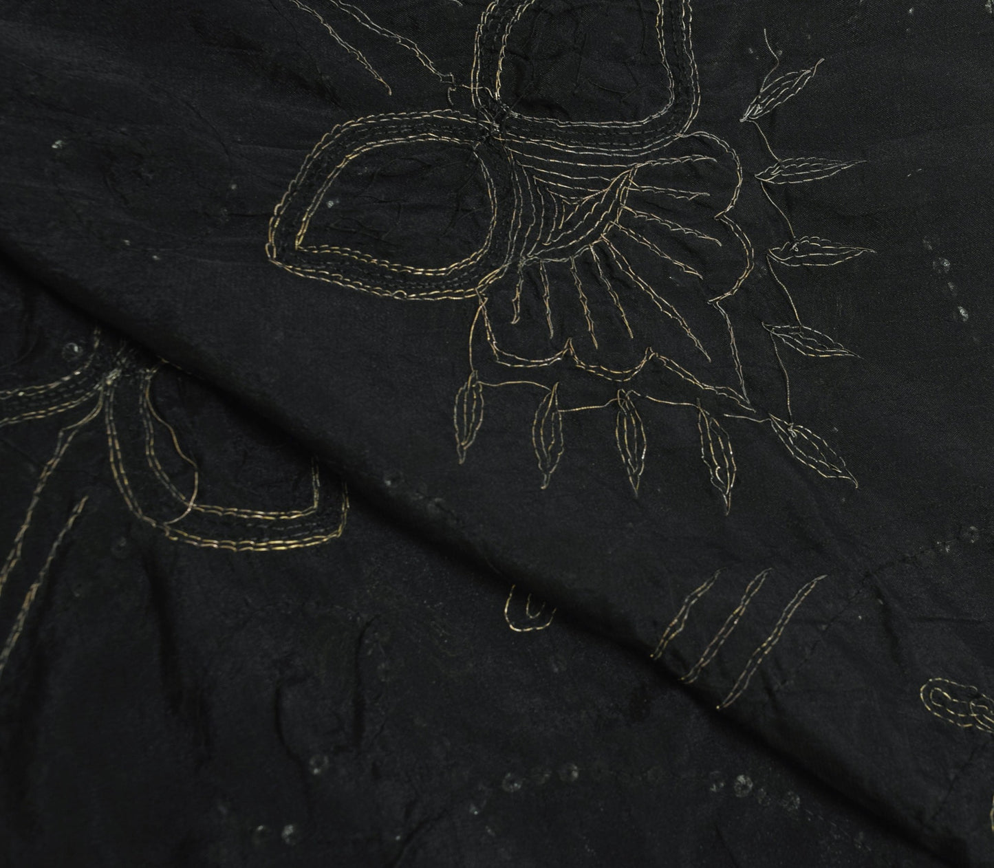 Sushila Vintage Black Zari Embroidered Scrap Dupatta Silk Floral Long Stole Wrap