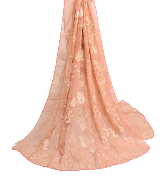 Sushila Vintage Salmon Pink Scrap Dupatta Art Georgette Embroidered  Long Stole