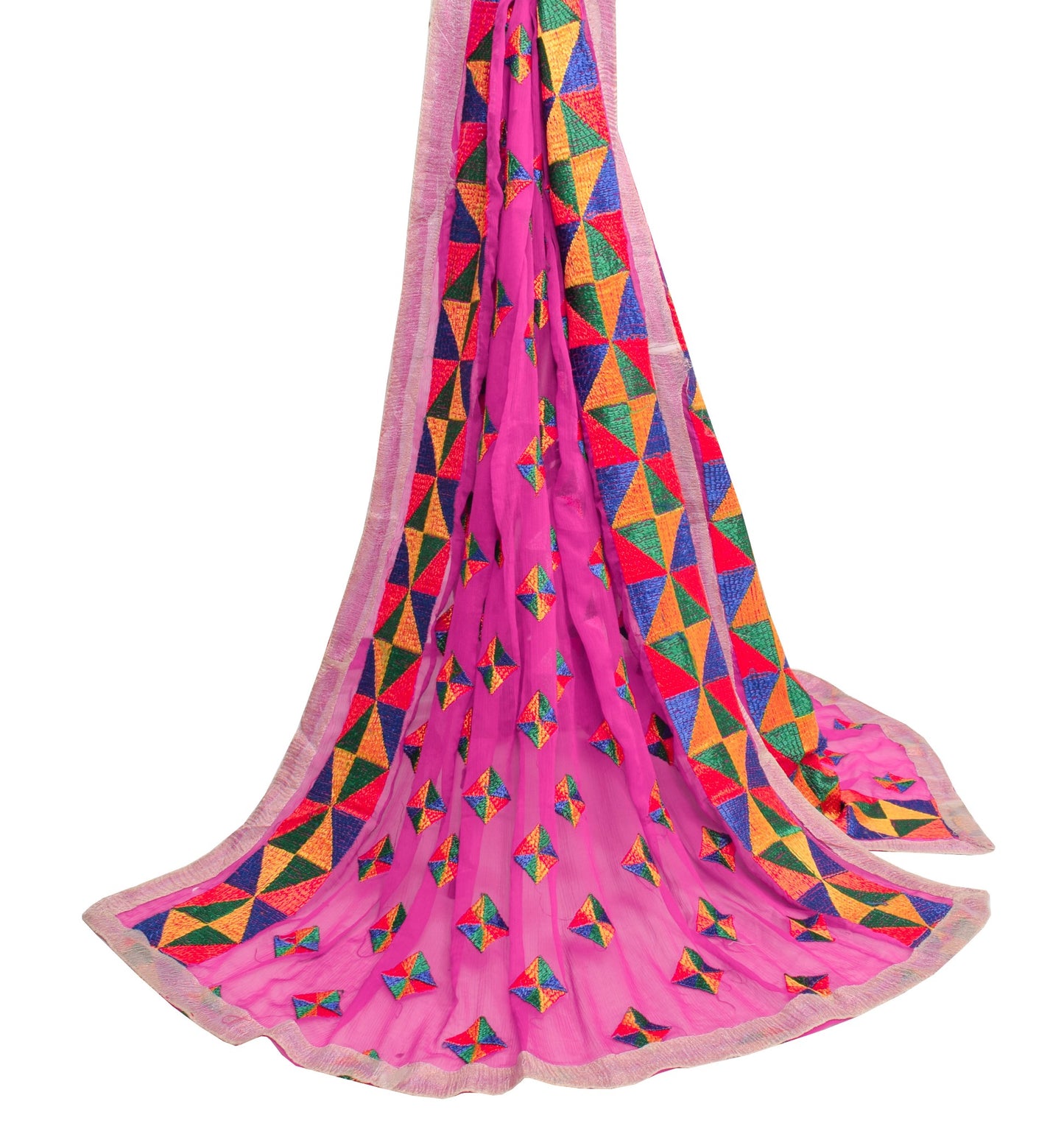 Sushila Vintage Phulkari Scrap Dupatta Art Chiffon Fuchsia Pink Long Stole Veil