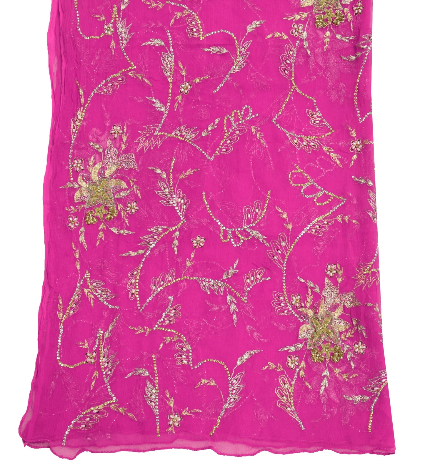 Sushila Vintage Fuchsia Pink Scrap Dupatta Zari Work Pure Chiffon Long Stole