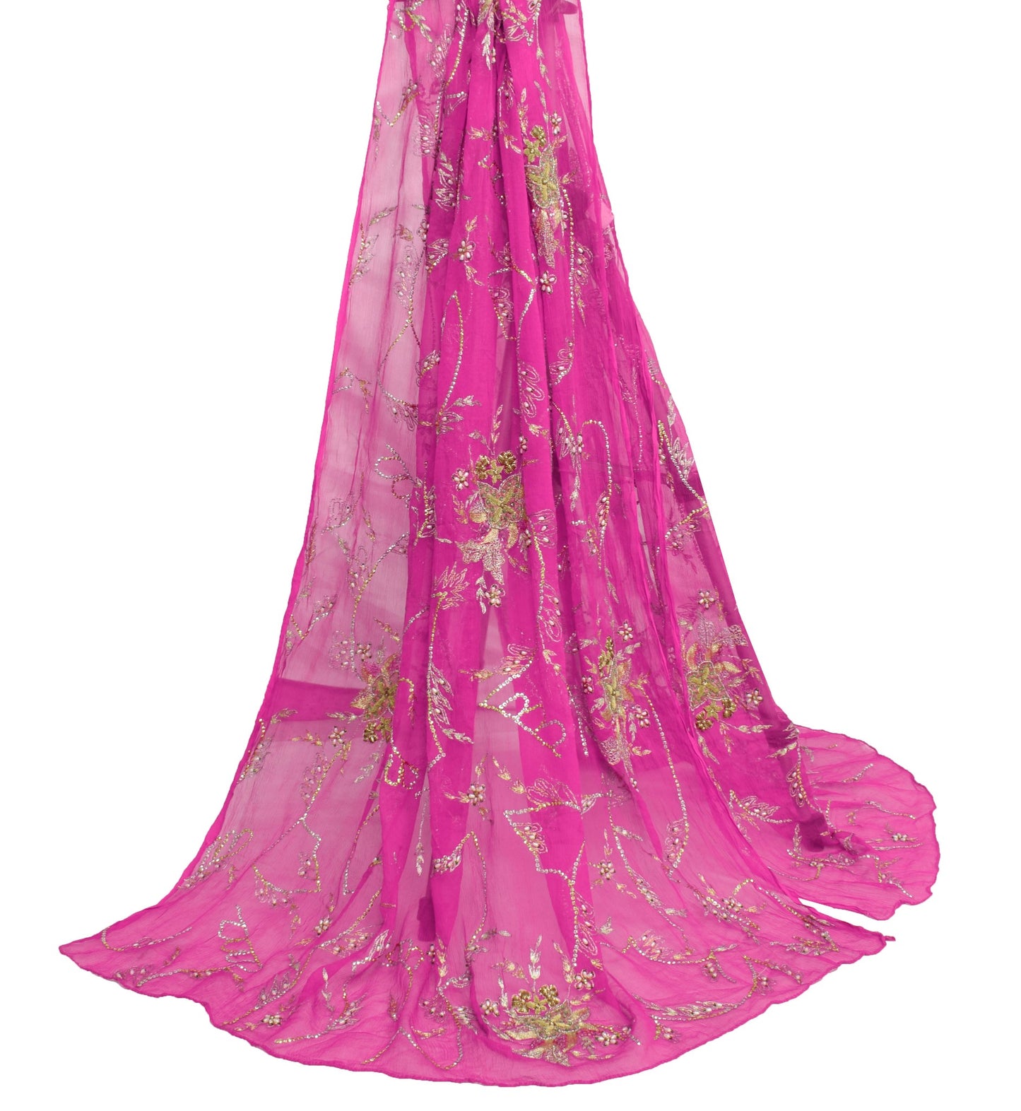 Sushila Vintage Fuchsia Pink Scrap Dupatta Zari Work Pure Chiffon Long Stole