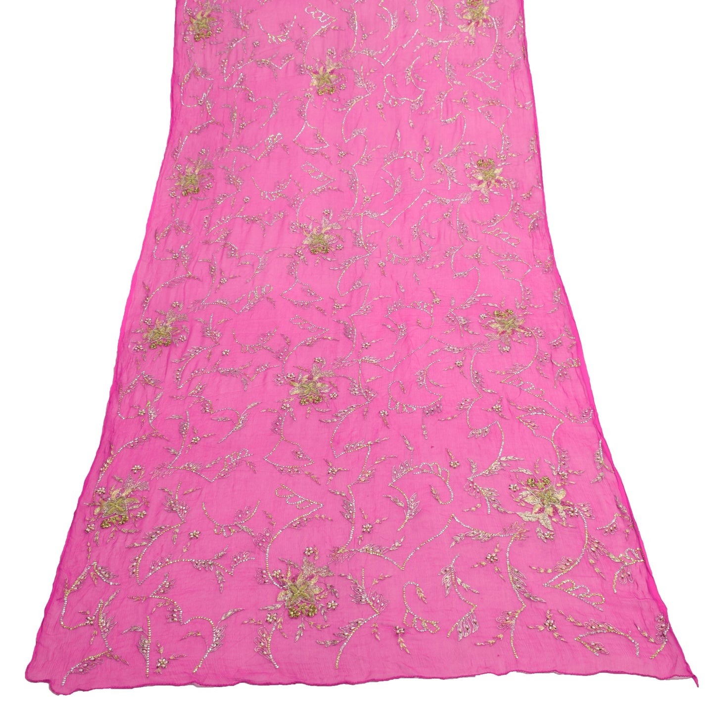 Sushila Vintage Fuchsia Pink Scrap Dupatta Zari Work Pure Chiffon Long Stole