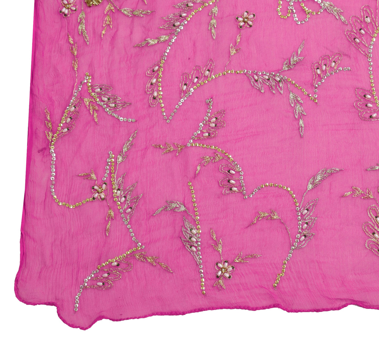 Sushila Vintage Fuchsia Pink Scrap Dupatta Zari Work Pure Chiffon Long Stole